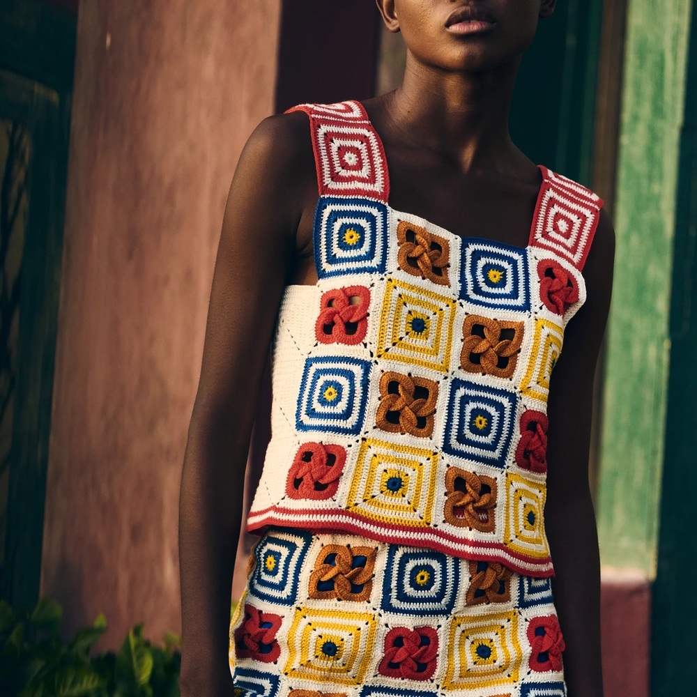 ESCVDO Crochet Knit Granny Square Multicolor Sleeveless Top